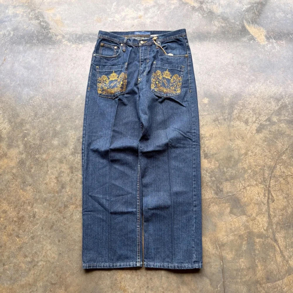 Existo Mens 32 Baggy Wide Leg Jeans Dark Wash Gold Crest Embroidered Y2K Blue‎